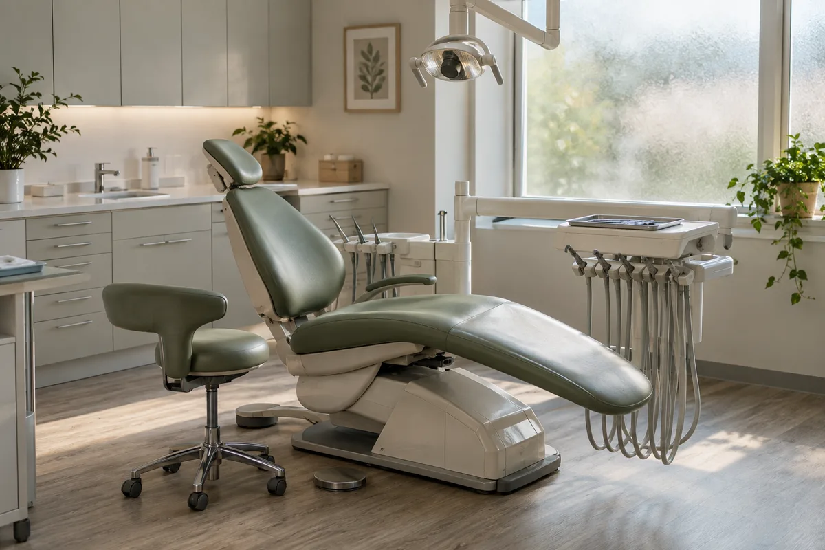 An unoccupied dental treatment room with a sage-colored chair.